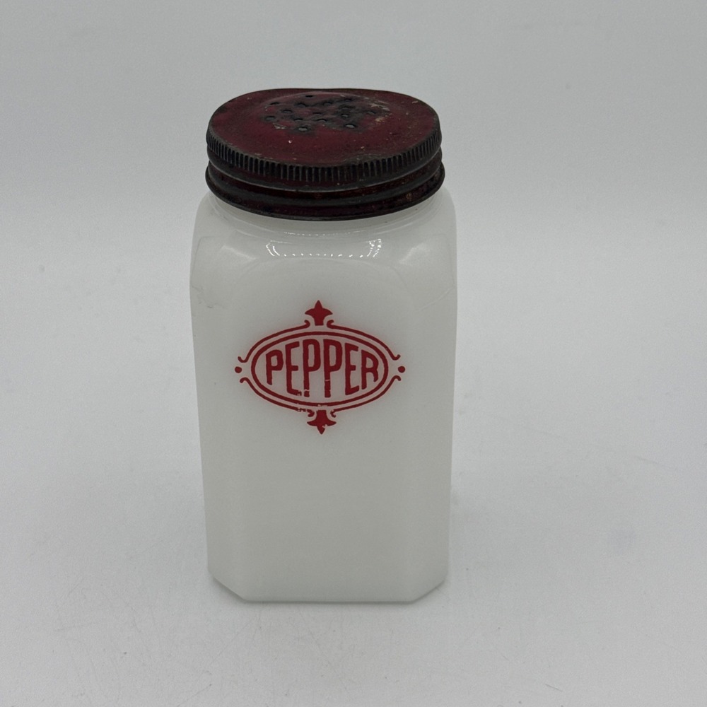 Vtg Hazel Atlas Milk Glass Pepper Shaker Red Art Deco Kitchen Stove Range 4.5"